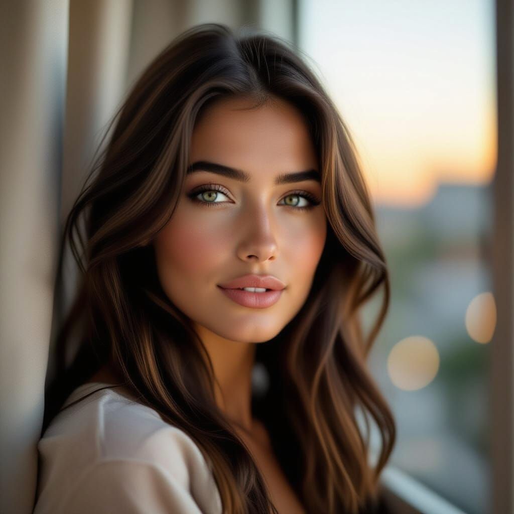 Young Woman Gazing Out Window at Dusk