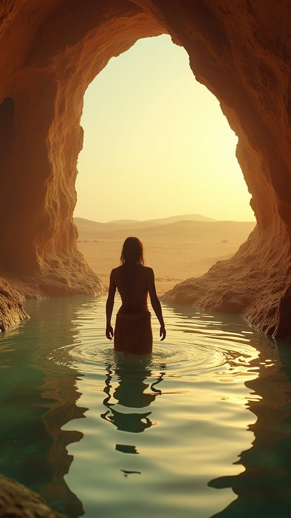 Nomadic Traveler Bathes in Oasis Spaceship Wreck