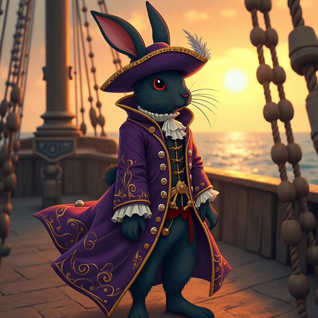 Rabbit-Folk Pirate on Galleon, Dreamy Art Style