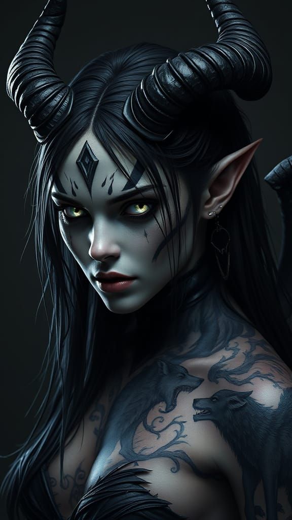 Gothic Fantasy Portrait of a Demon with White Eyes