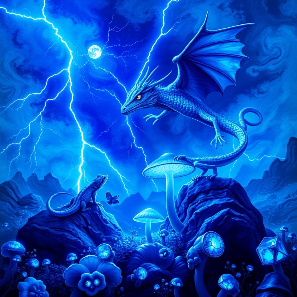 Blue Dragon Soaring in Bioluminescent Blue World