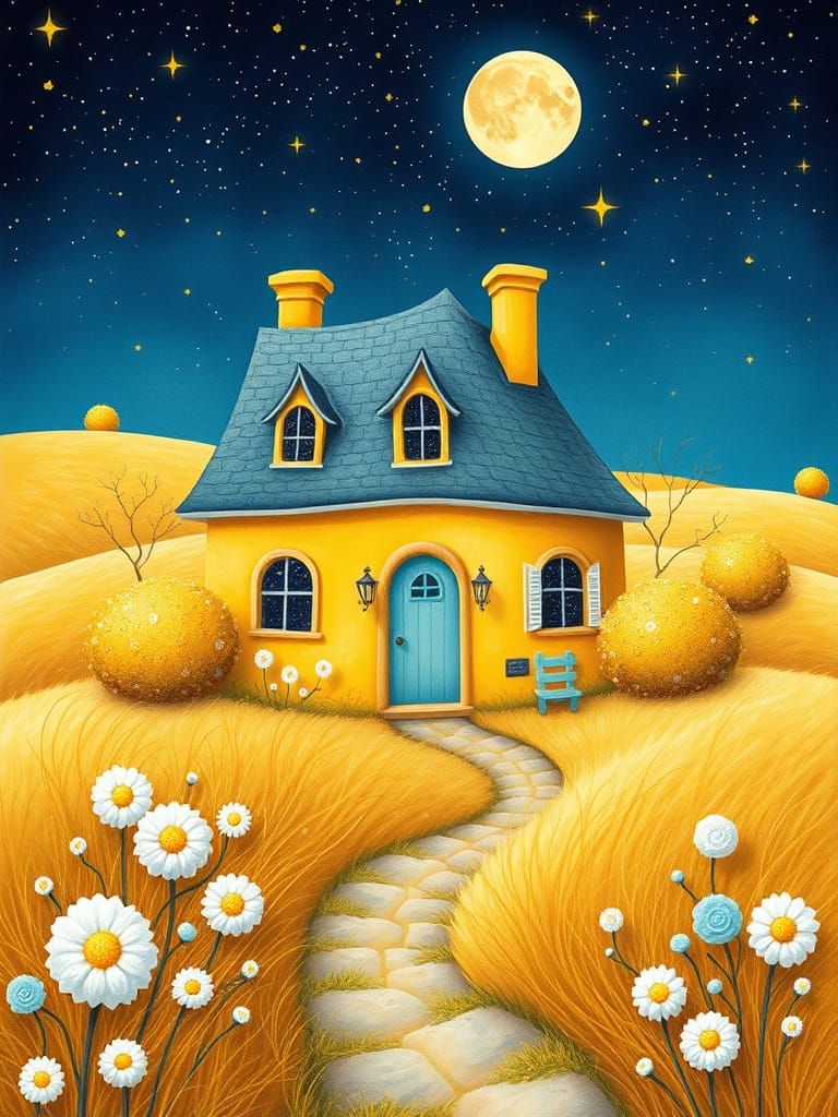 Whimsical Fairytale Cottage in a Golden Meadow Under Starry ...