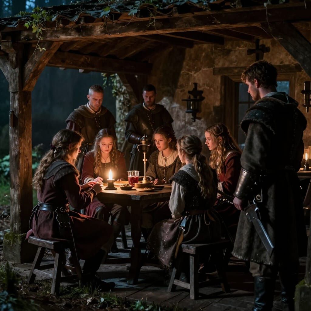 Moonlit Castle Hallway Scene with Medieval Knight