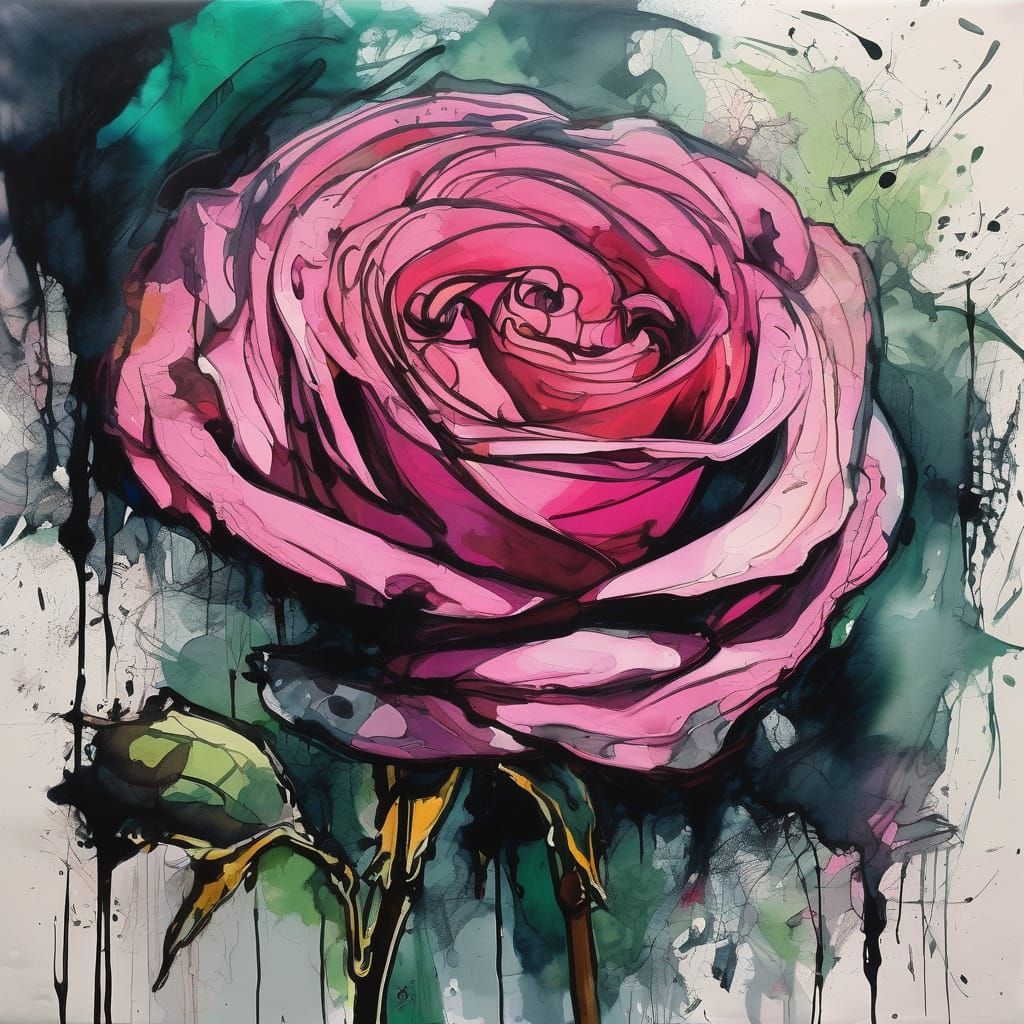 Electric Pink Rose Expressionist Ink and Watercolour Sketch