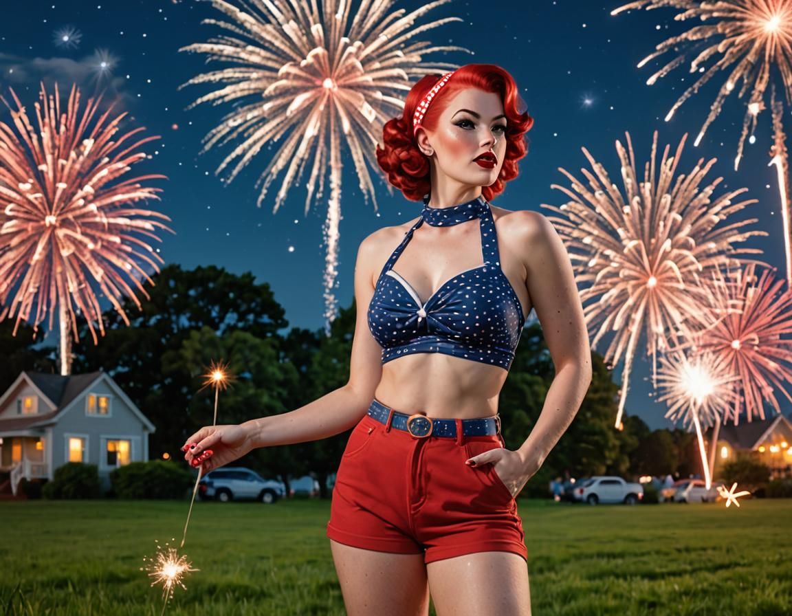 A pin up girl with pin curls wearing a bandana in her red ha...