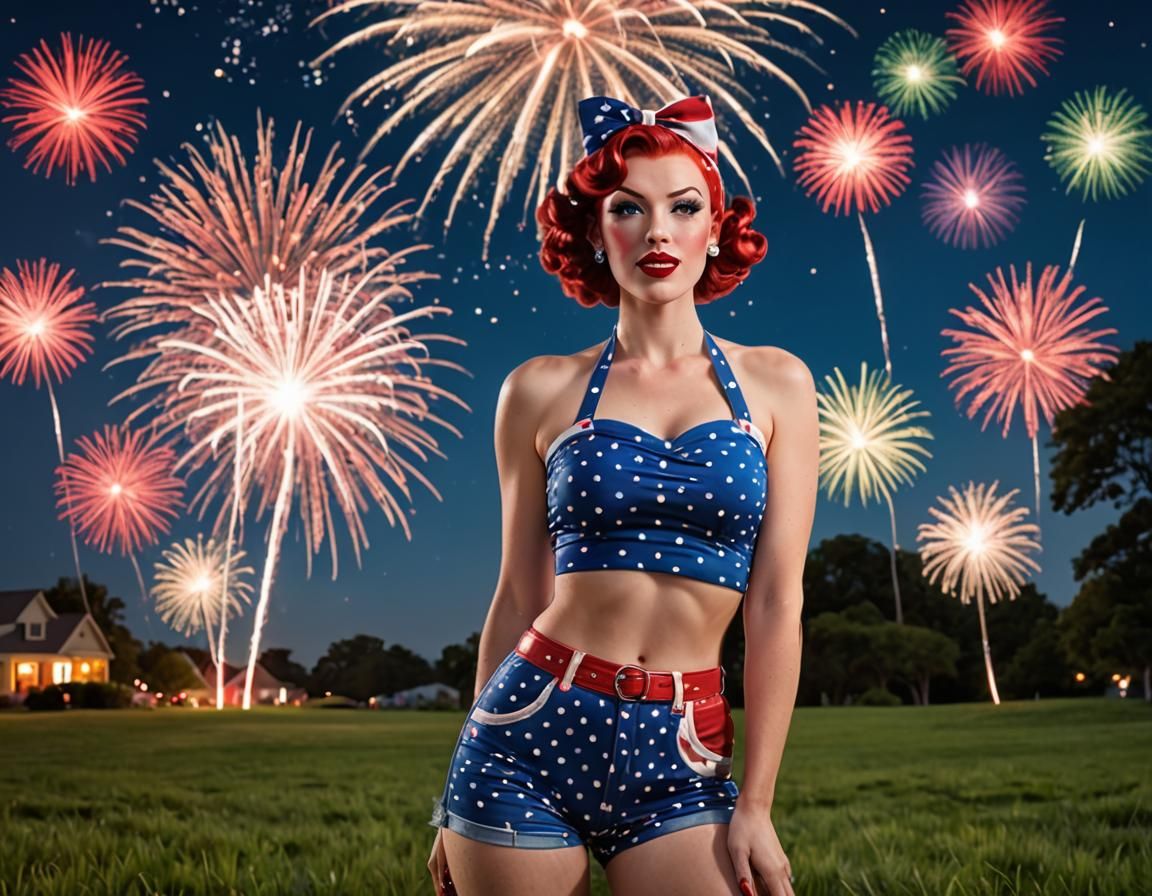 A pin up girl with pin curls wearing a bandana in her red ha...