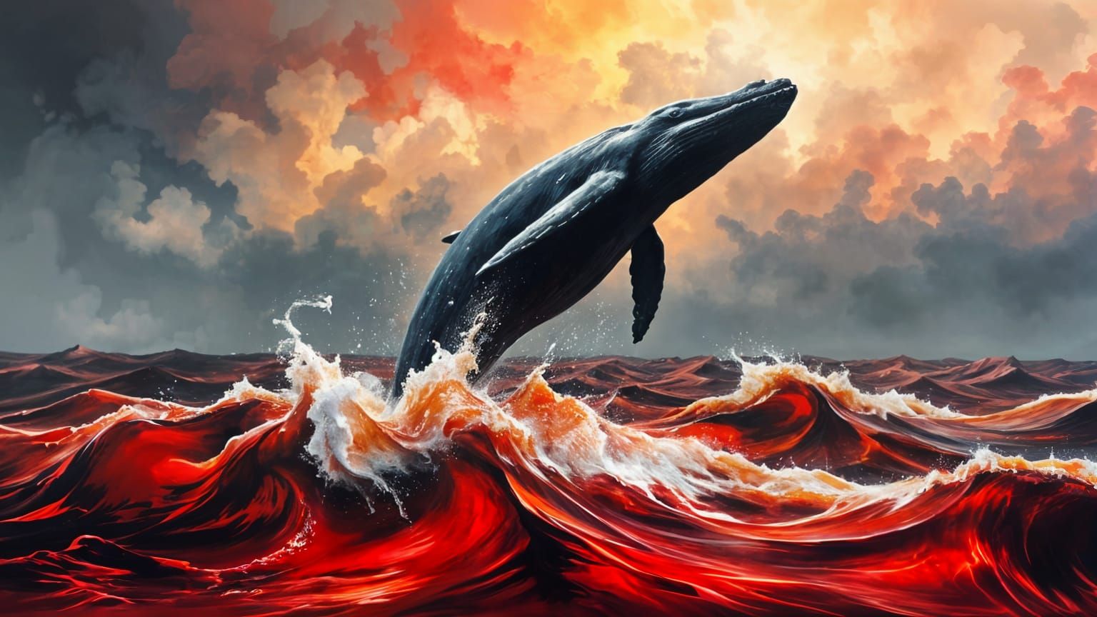 Massive Whale Leaps from Fiery Red Sea in Haunting Oil Paint...