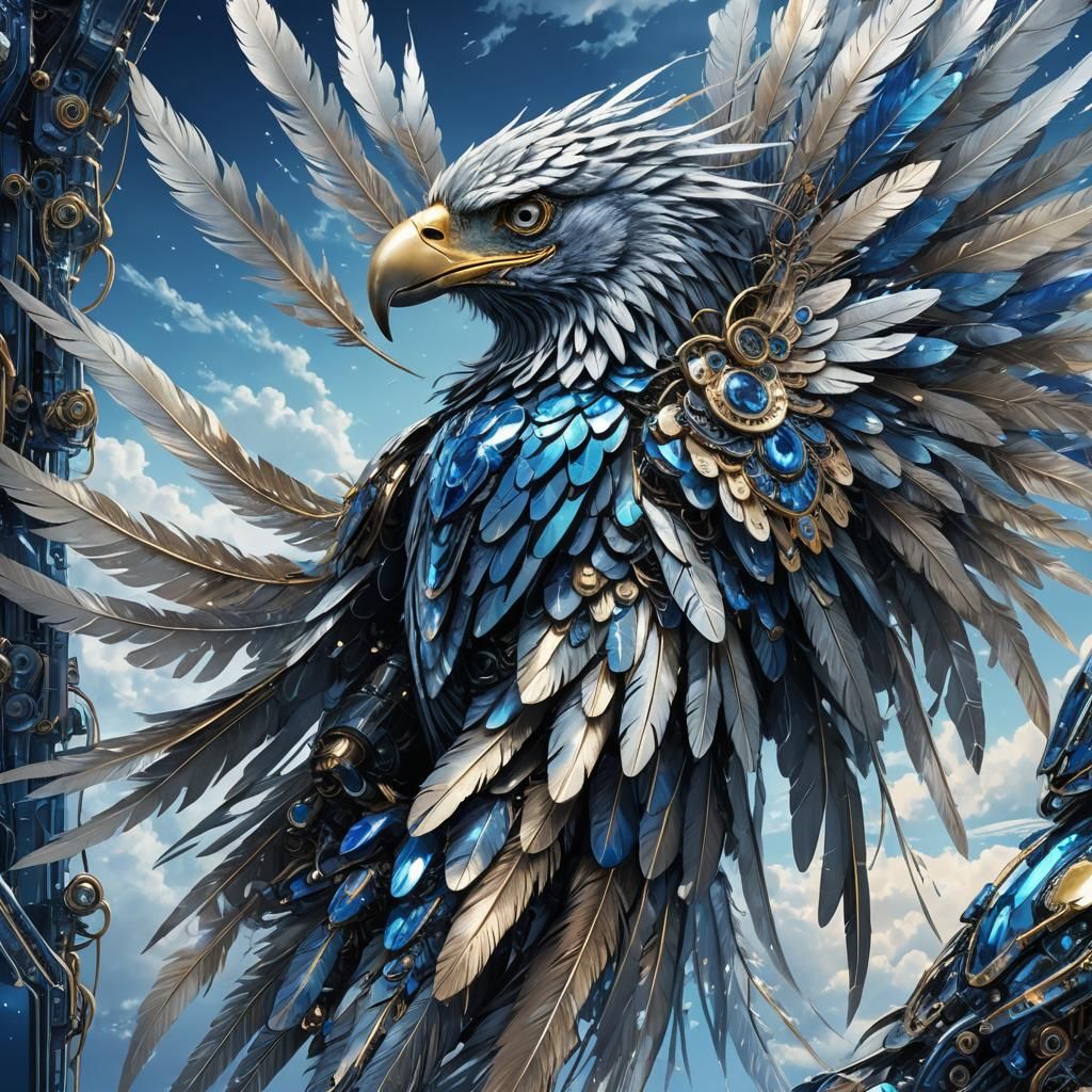 Cybernetic Eagle Soaring Through Cloudy Skies