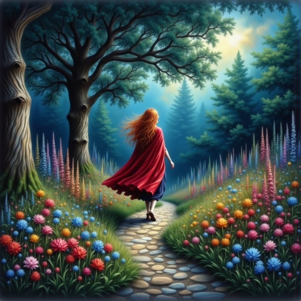 Red-Haired Woman in Forest, Hyperrealistic Art