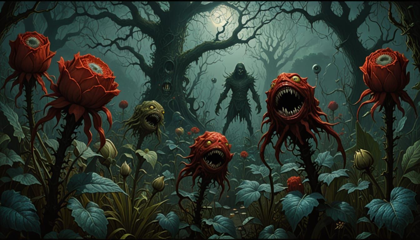 Creepy Garden with Flowers and Teeth in Horror Style