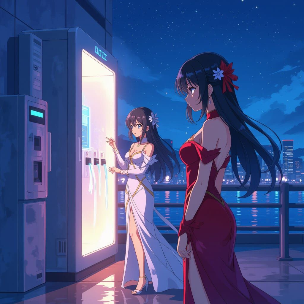 Anime Women at Futuristic Water Station in Manga Style
