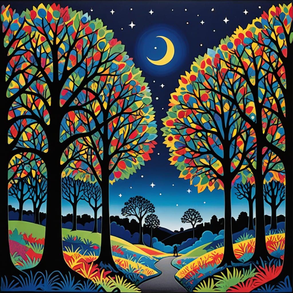 Magical Paper Cutout Forest Landscape in Vibrant Primary and...