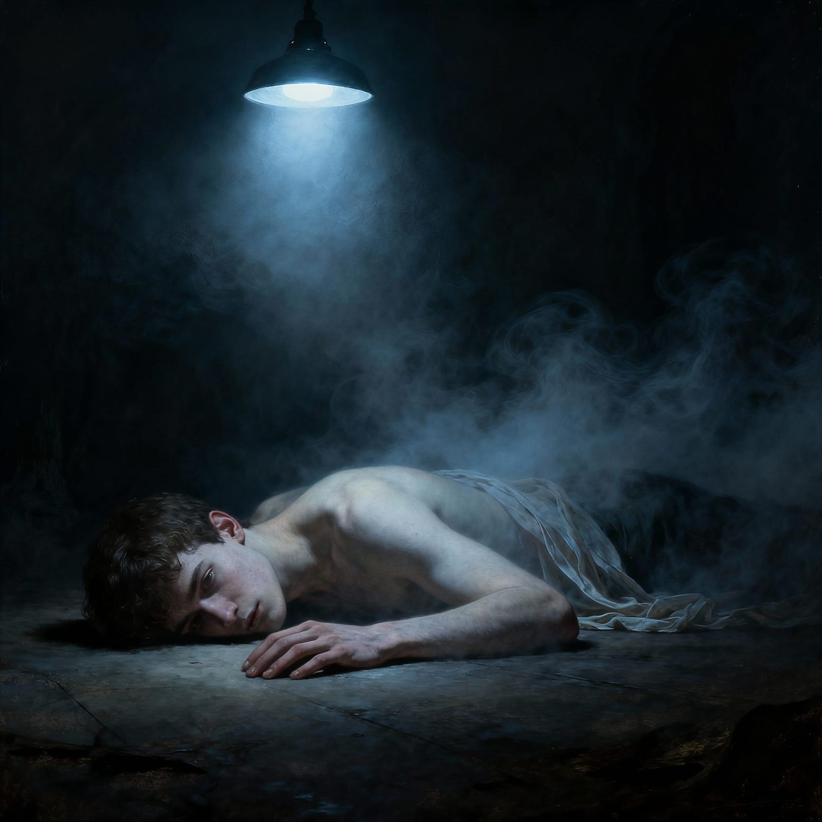 Melancholic Man Under Cold Light, Cinematic Top-Down View