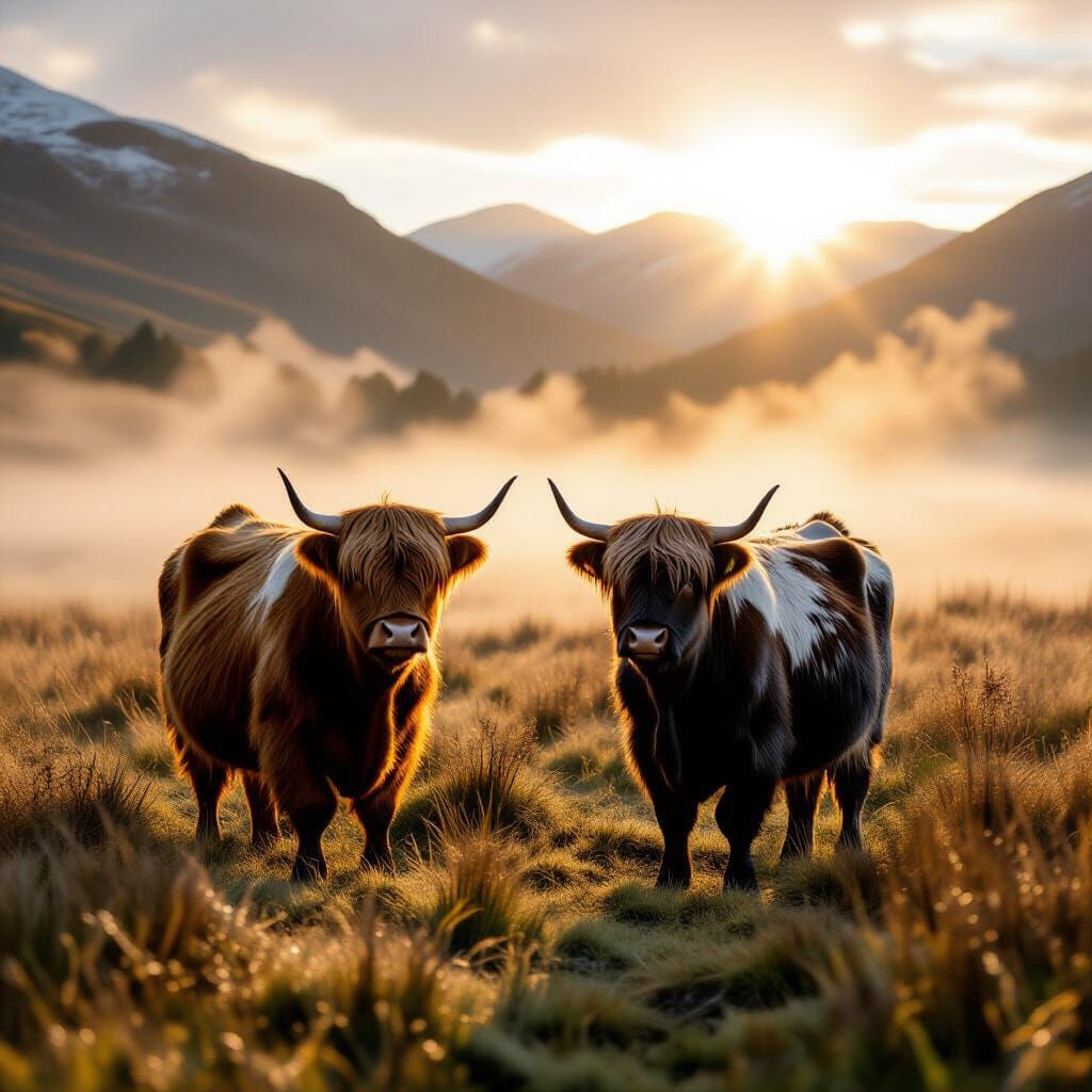Highland Cows in Misty Scottish Glen at Golden Hour