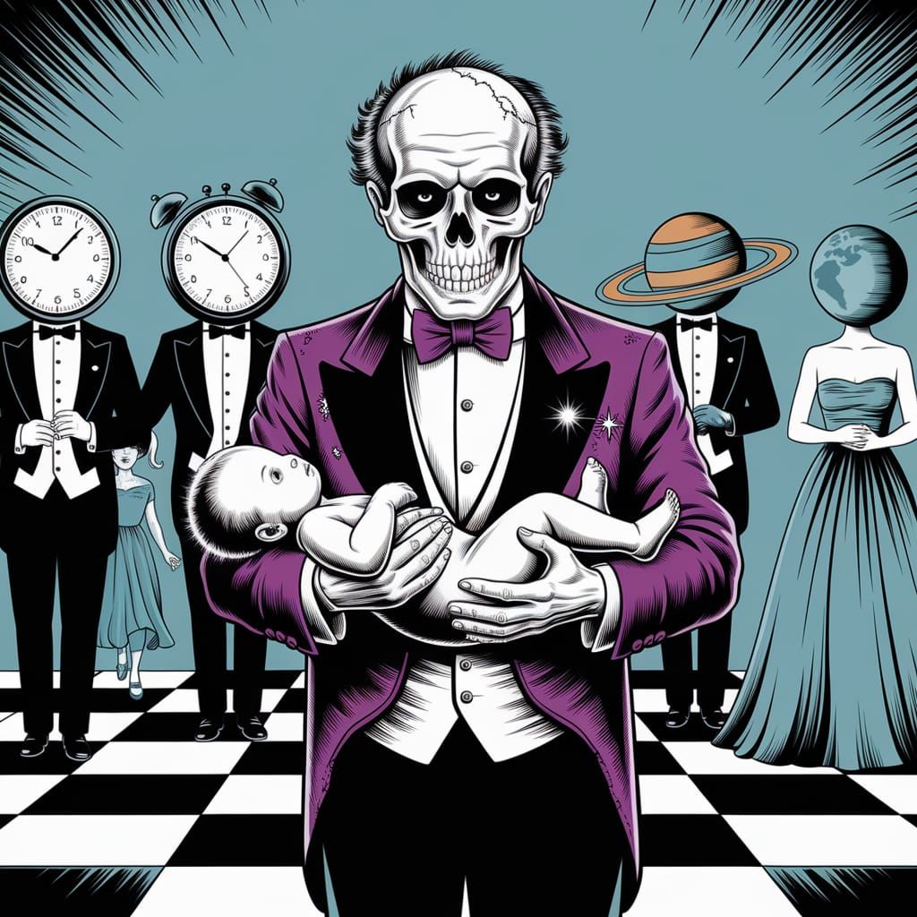 Time Dances With Mortality: Skull Man and Baby at Ball
