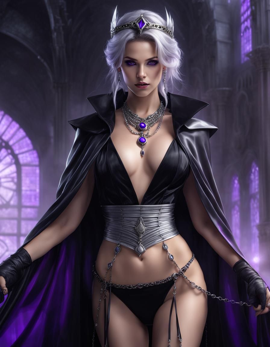 beautiful young woman in scanty clothing, bare midriff, semi-transparent black silk cloak, narrow silver necklace, thin ...