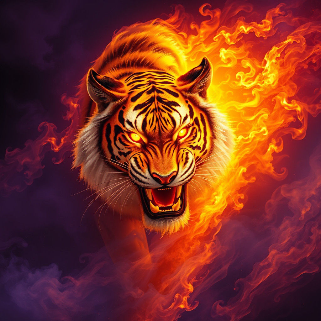 Blazing Tiger in Mystical Realm: A Digital Painting