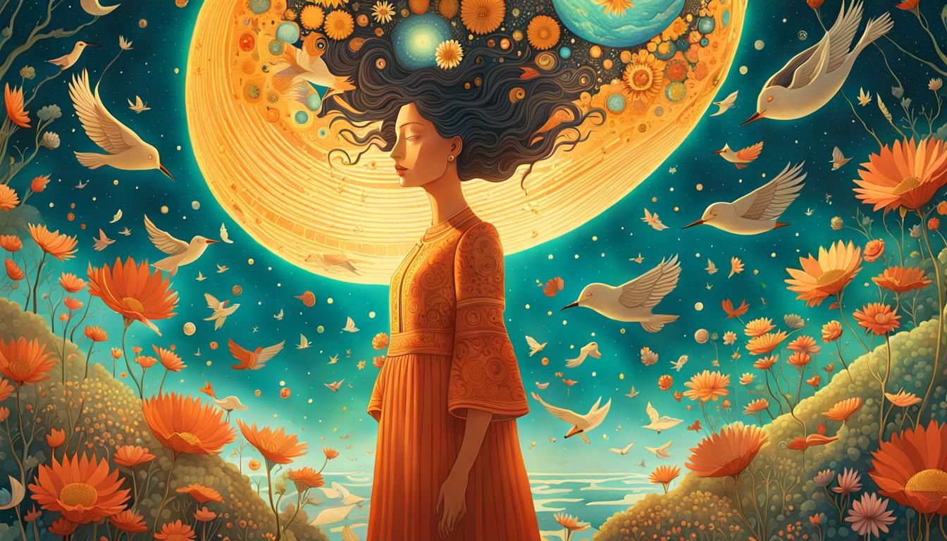 Woman Holding Cosmos in Surreal Upside Down Universe