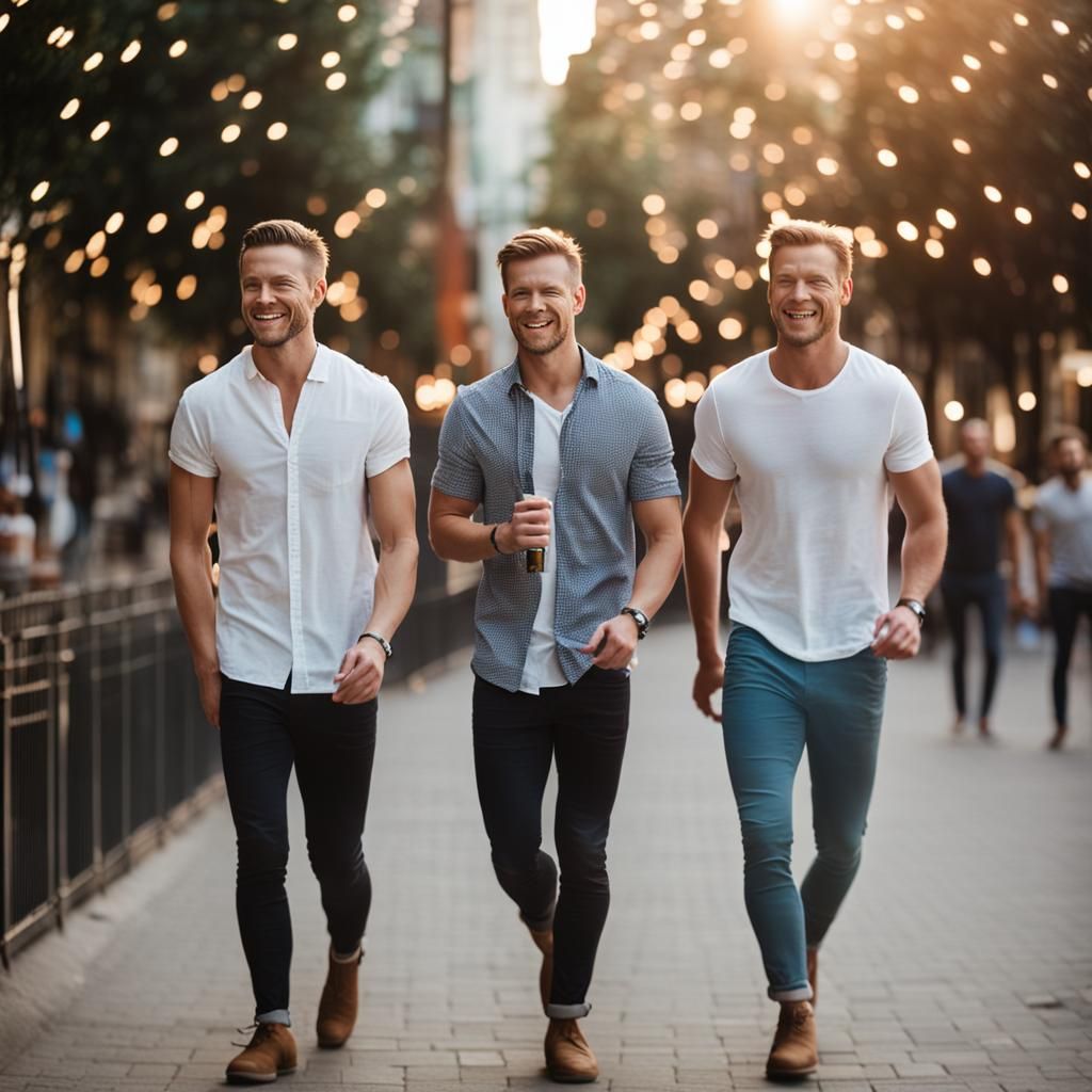 Three Smiling Men Walking: Professional Photography