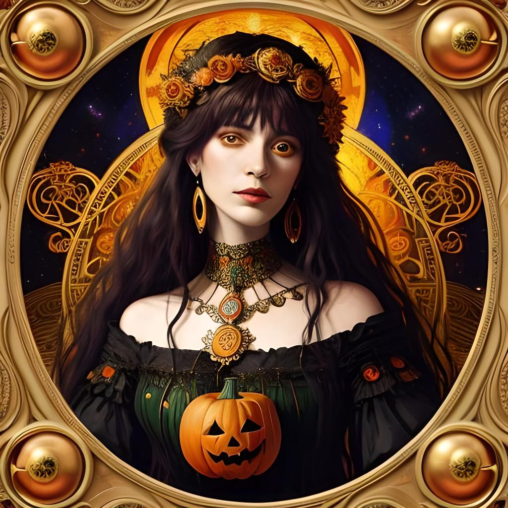 Halloween Goddess Portrait in Klimt Art Nouveau Style