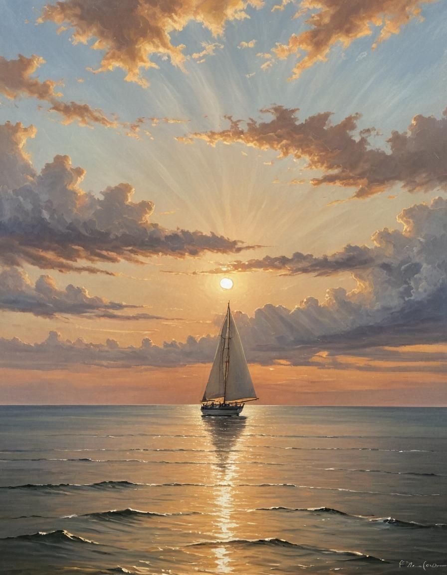 Romantic Seascape Painting at Sunset in Golden Light