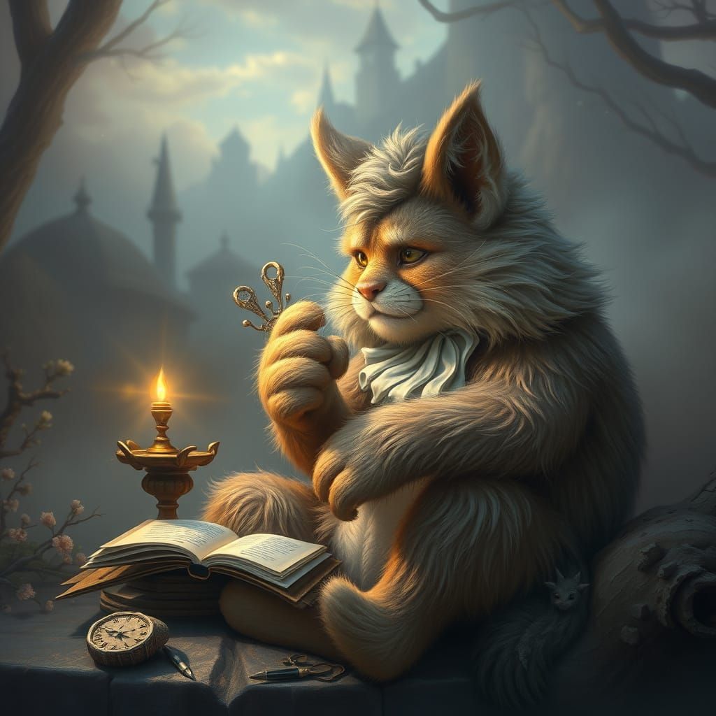 Whimsical Furry Philosopher in Ethereal Fantasy Landscapes