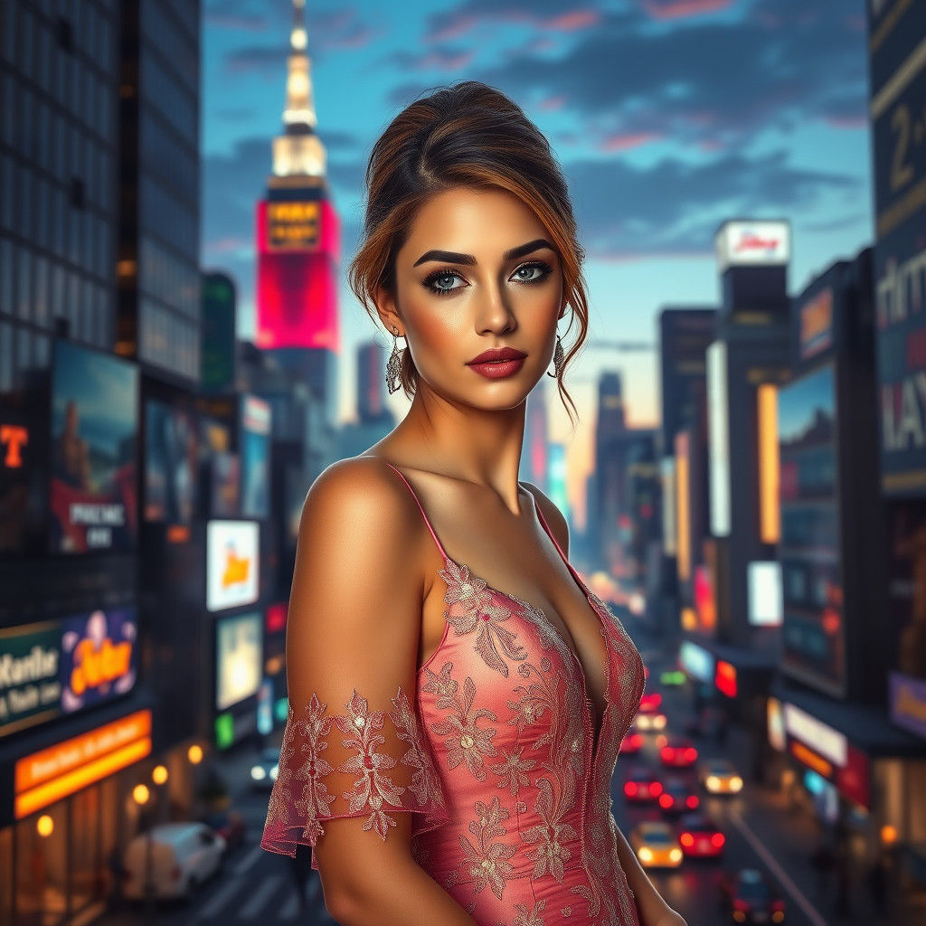 Elegant Woman in Cityscape, Hyperrealistic Splash Art