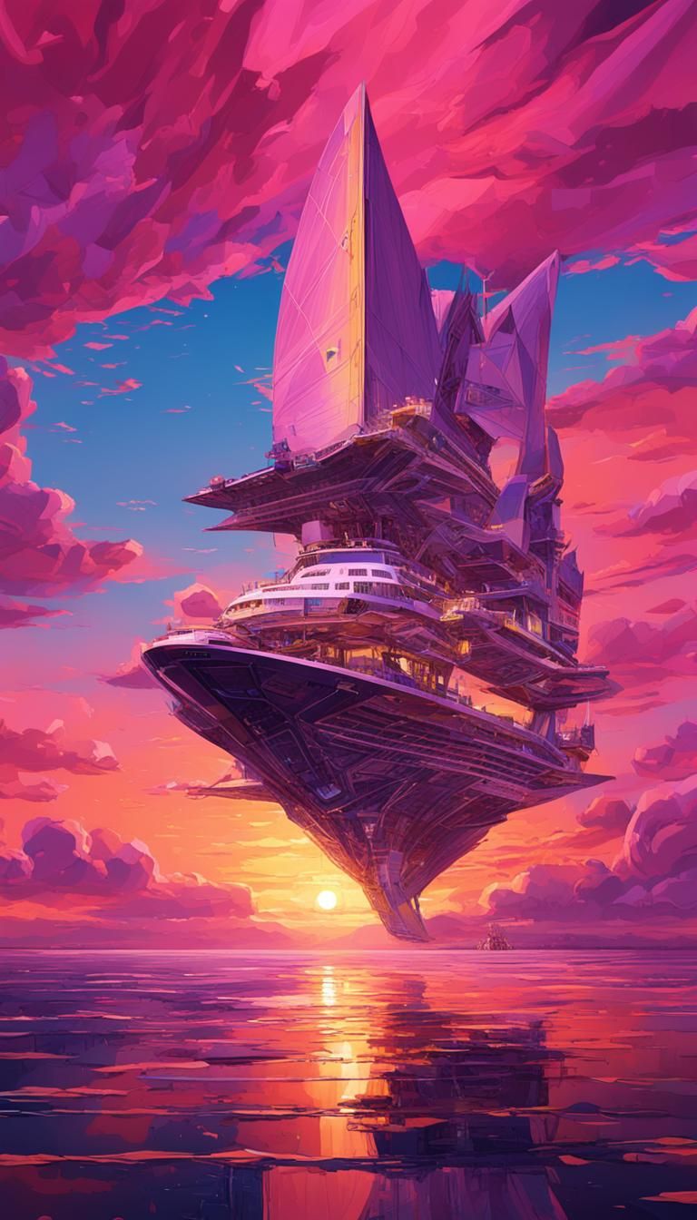 Space Cruise Ship at Sunset in Retrofuturism Style