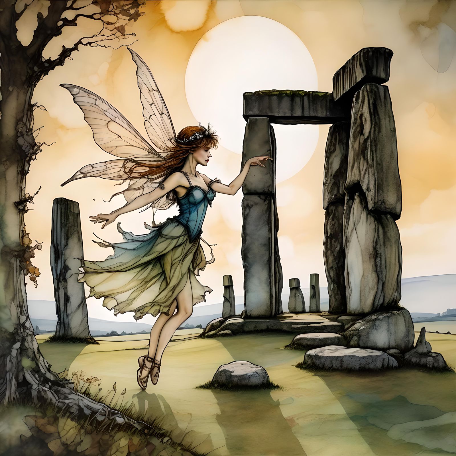 fairy, stonehenge, dancing, alcohol ink, cel-shaded, brian fround, arthur rackham