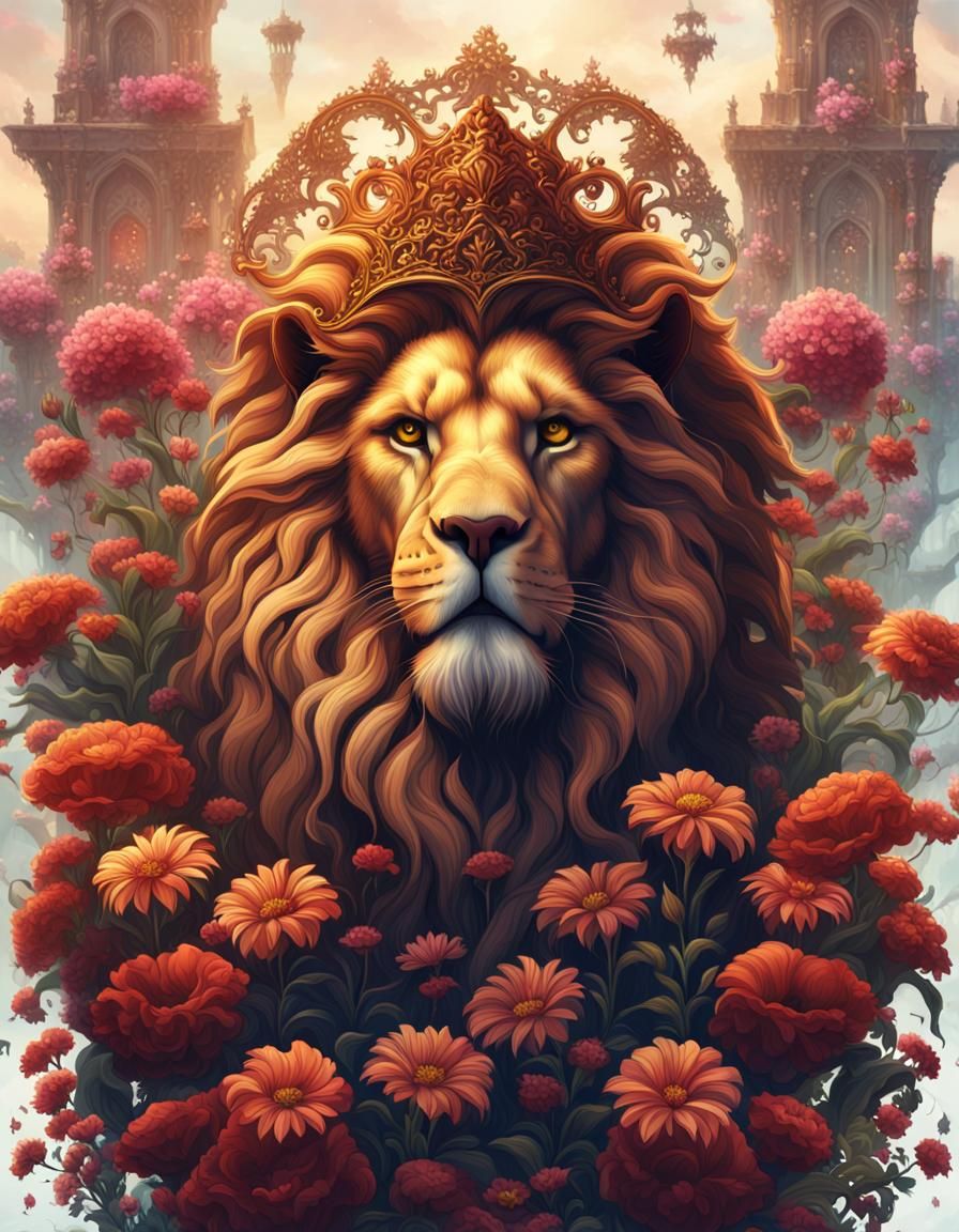 Gothic Lion Surrounded by Flowers in Detailed Matte Painting