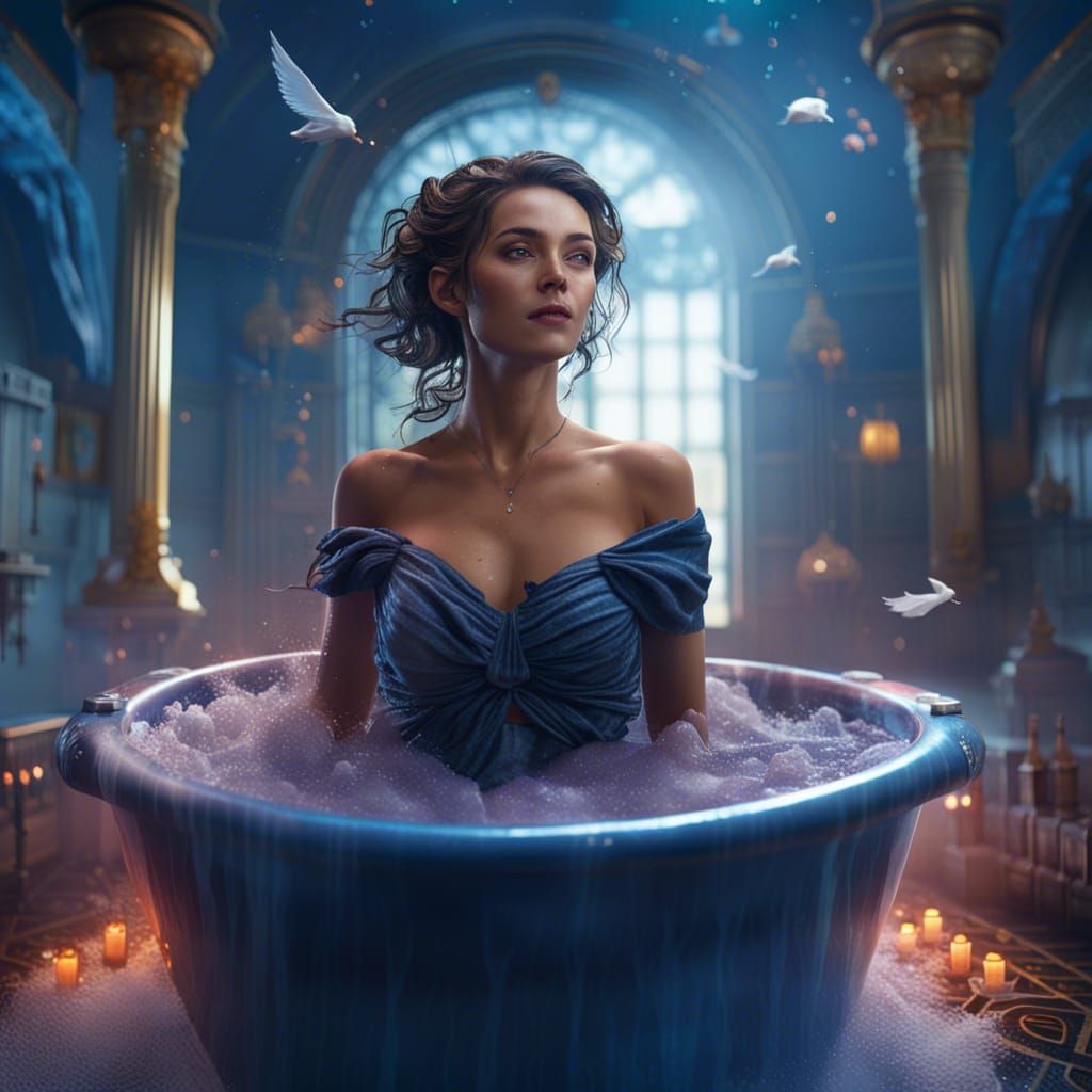 Woman in Flying Bathroom: Detailed Fantasy Art