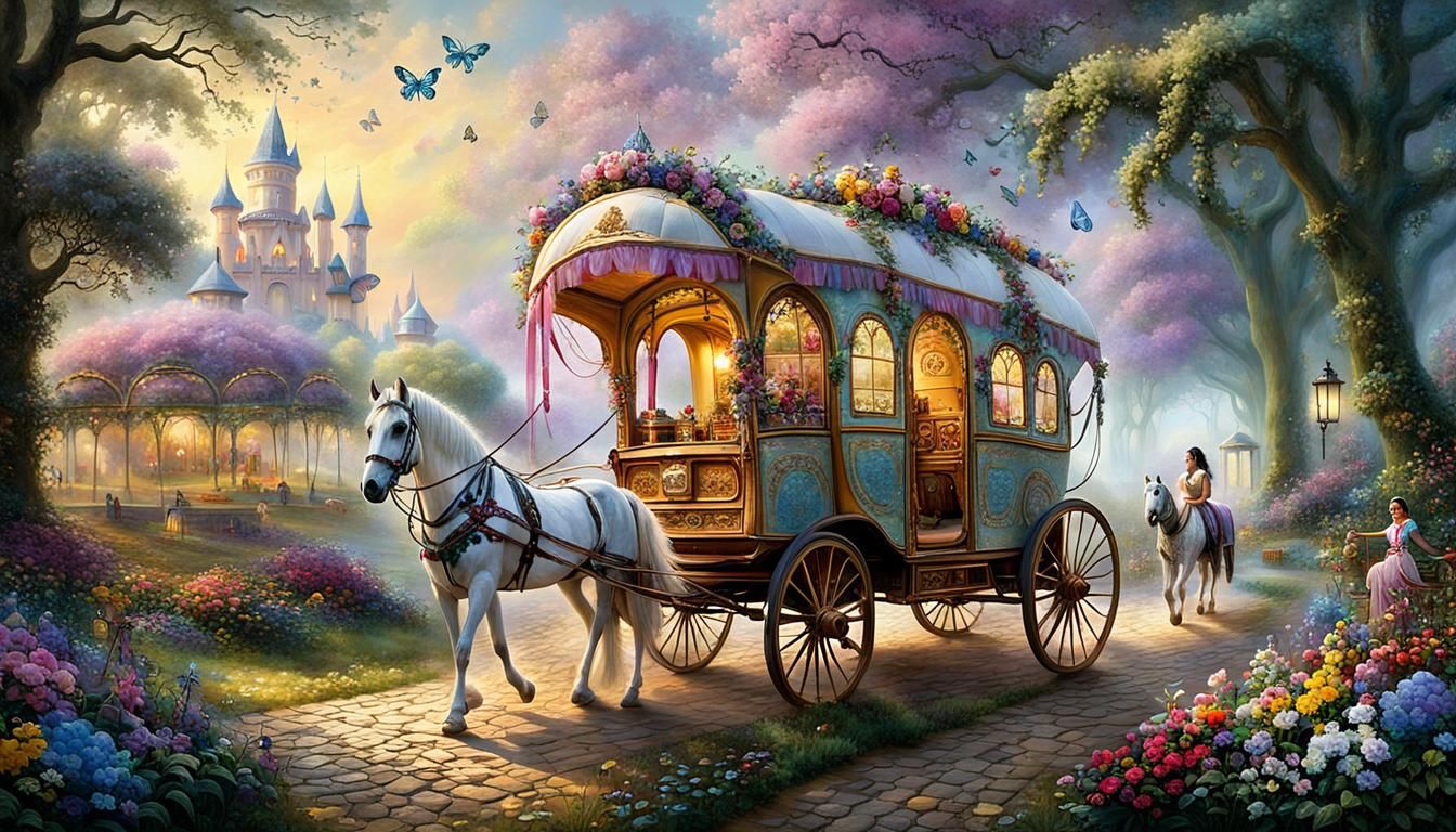 Fantasy Gypsy Caravan Pulled by White Horse