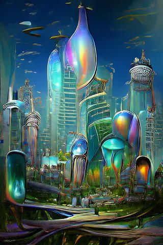 Hyperrealistic Sci-Fi Cityscape with Iridescent Skyscrapers
