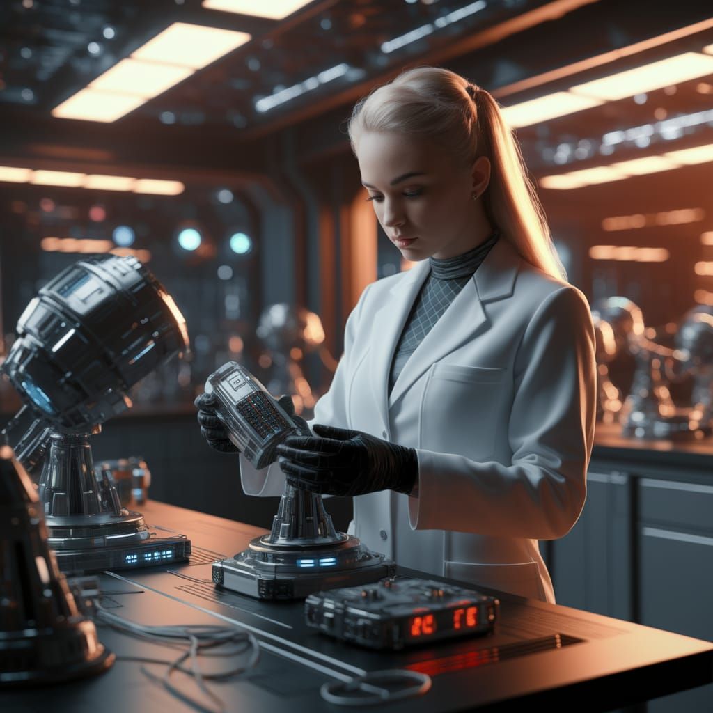 Futuristic Scientist Crafts Advanced Communication Devices