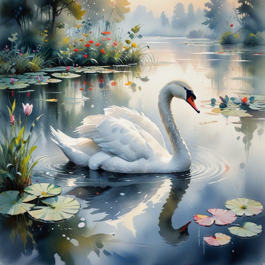 Swan in Misty Lake: Abstract Watercolour Art