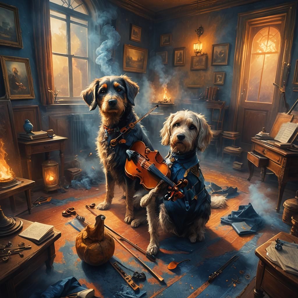 Mystical Dog Violinist in Smoke-Filled Room