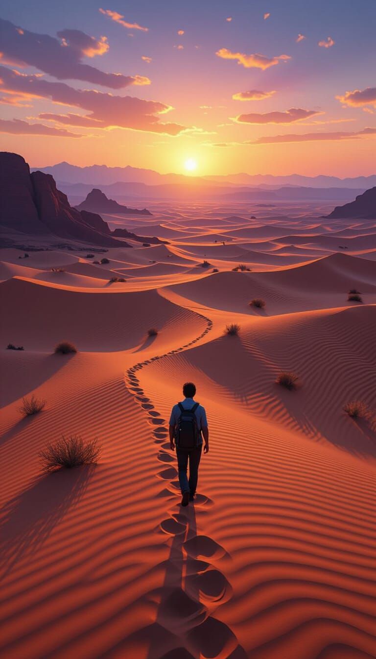 Man walking on a Trail in the Desert to a Distant Oasis Moeb...