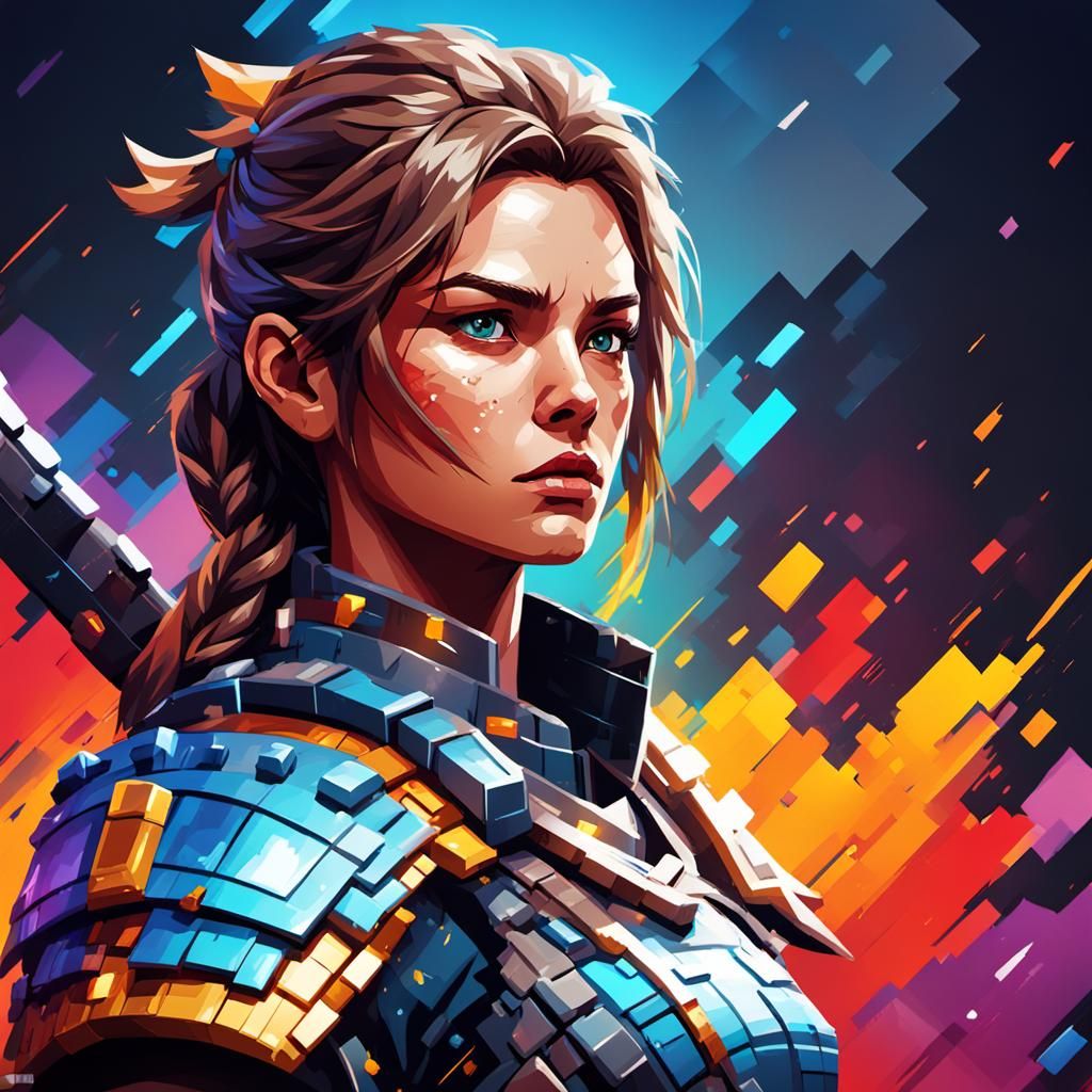 Pixelated Female Warrior in Hyperrealistic Splash Art