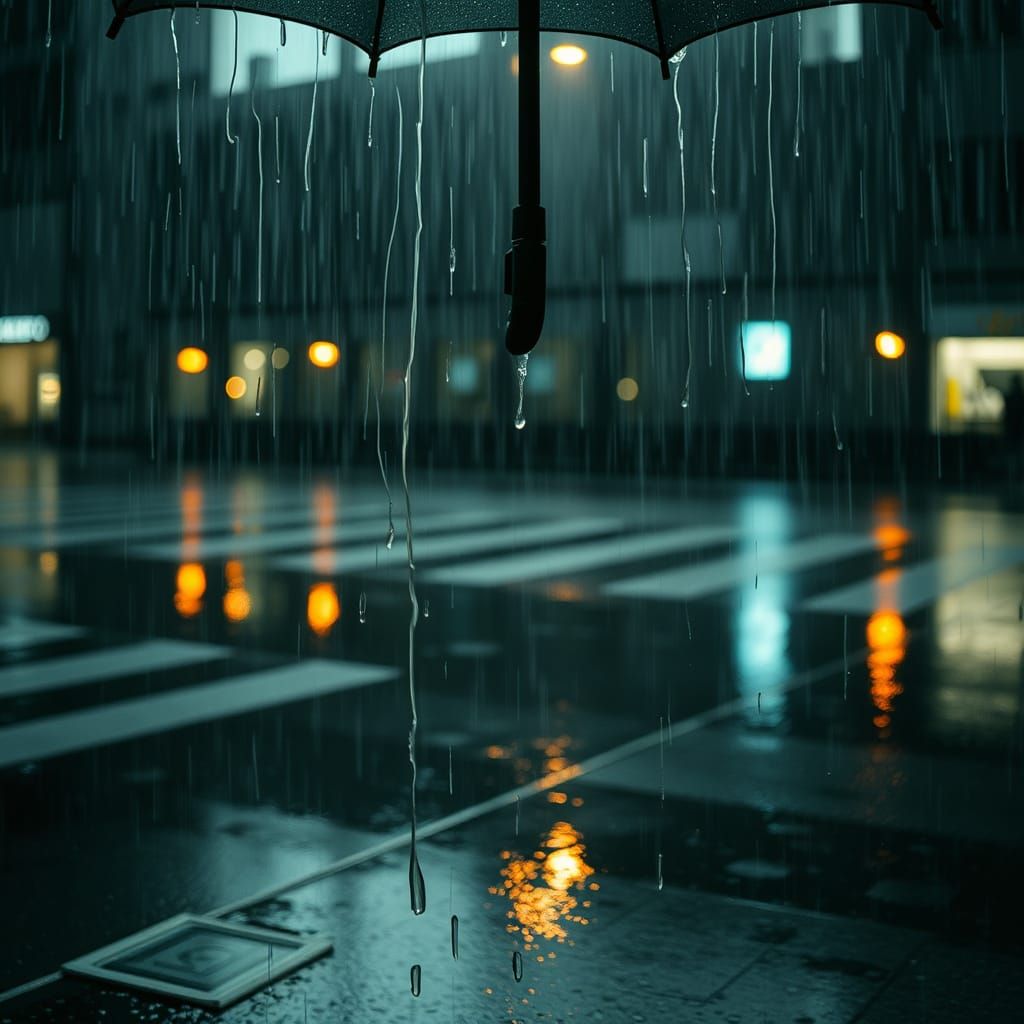 Rainy Cityscape with Umbrella: Moody Digital Art