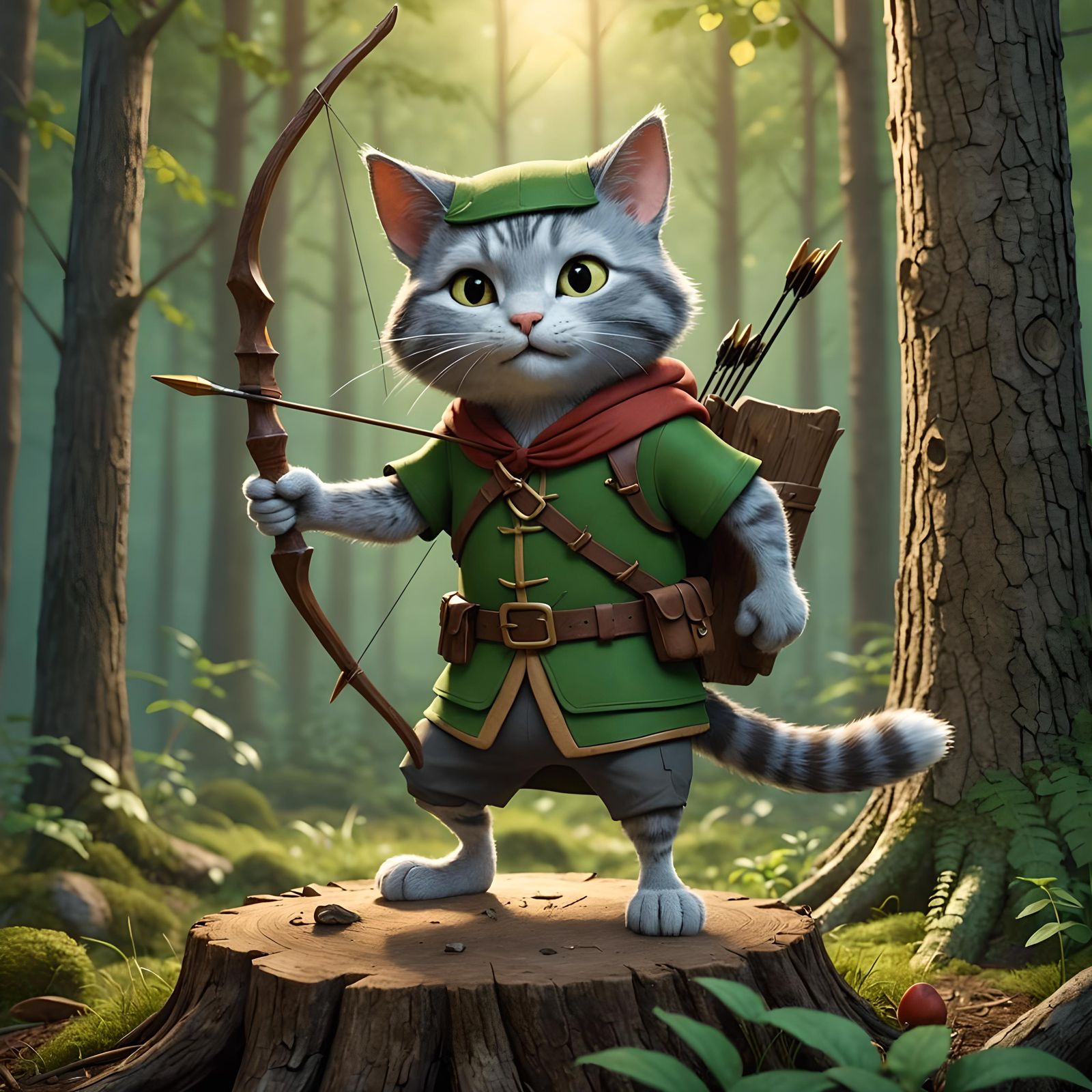 Anthropomorphic Cat as Robin Hood in 3D