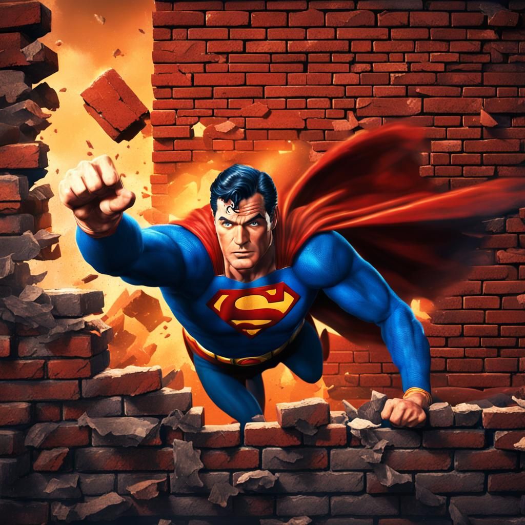 Superman Bursting Through Brick Wall, Acrylic Painting