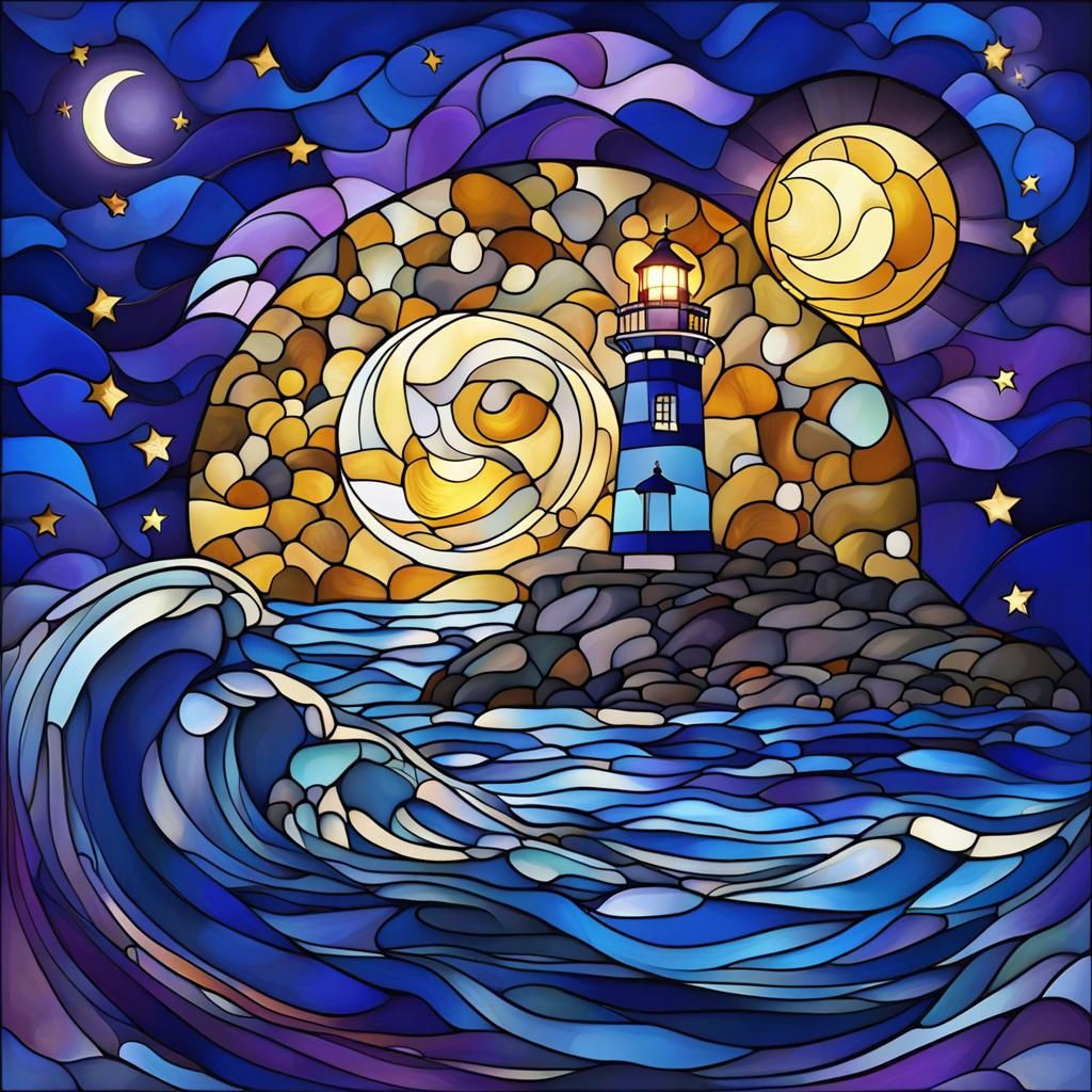 Stained Glass Lighthouse Under Moonlight