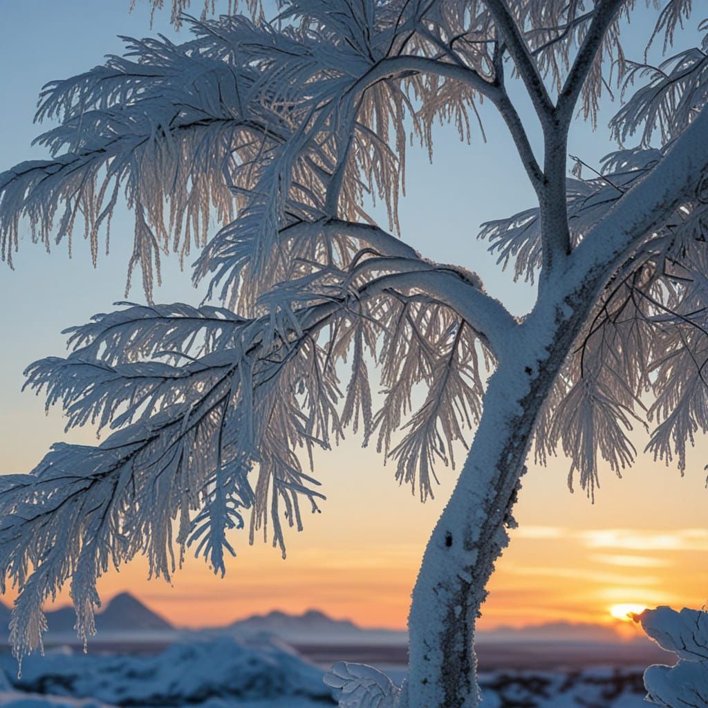 Vibrant Ice Crystals on Arctic Tree Branch in Brilliant Sunl...