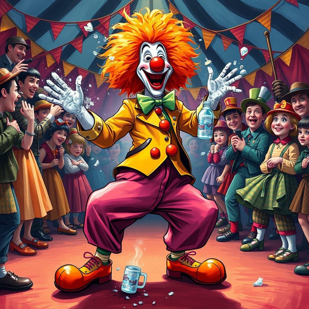 Clumsy Clown's Seltzer Mishap in Vibrant Circus Scene