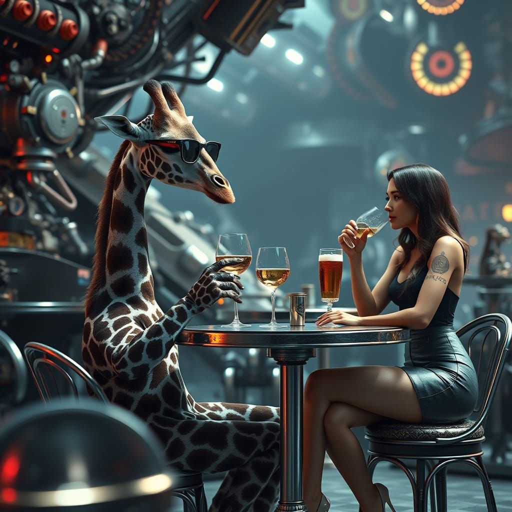 Giraffe at Italian Cafe in Sci-Fi Style
