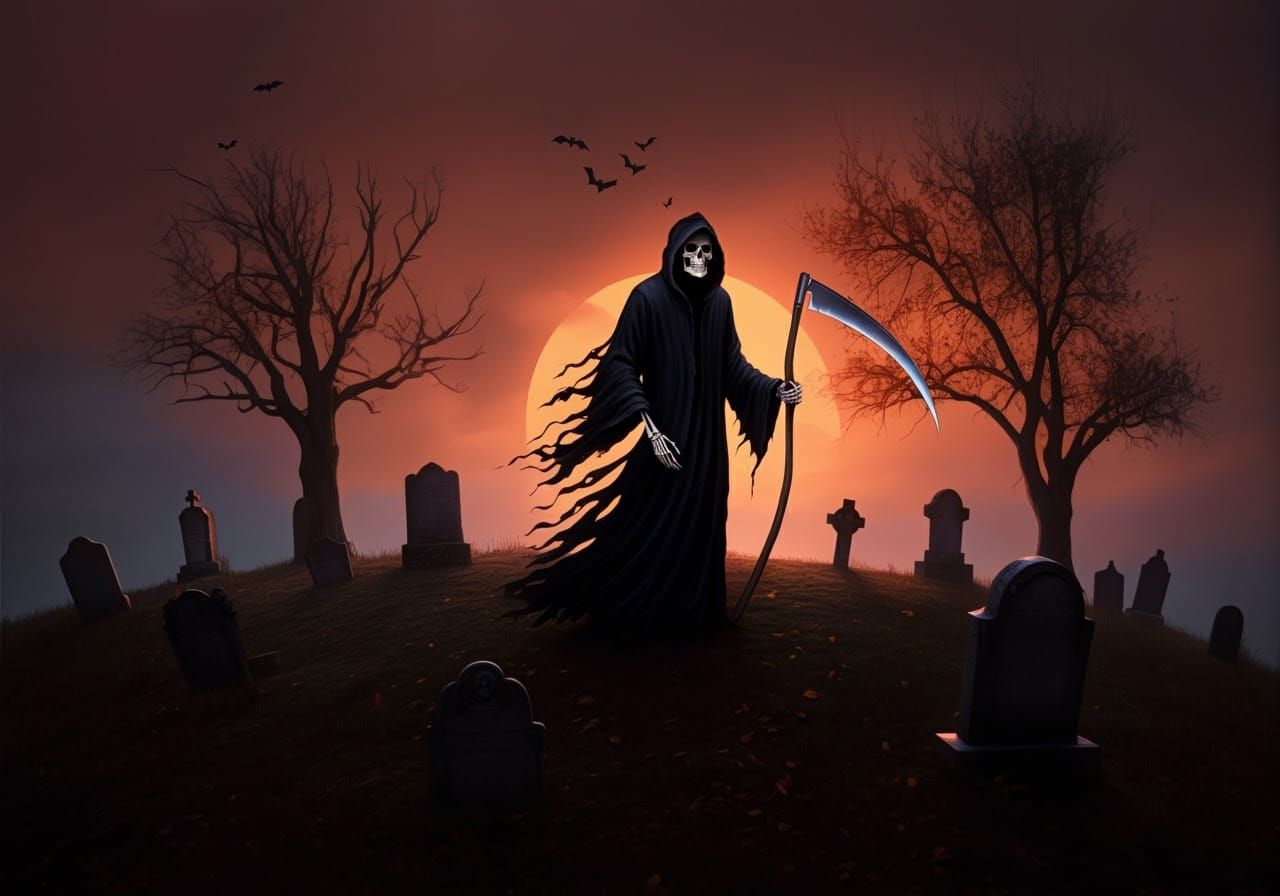 Grim Reaper Wanders Graveyard on Autumn Evening