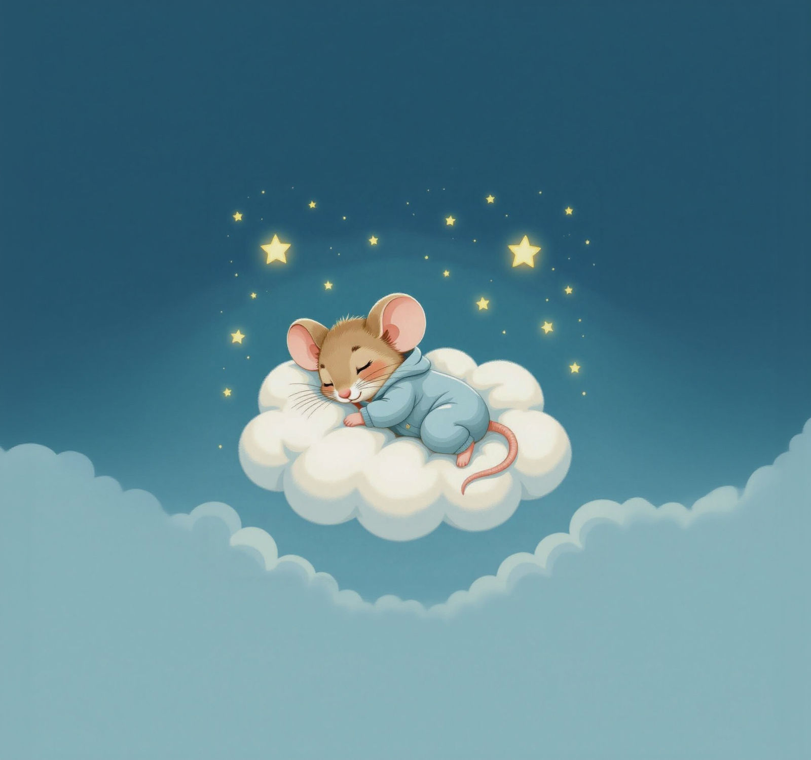 Dreamy Mouse Sleeping on Cloud in Starry Sky