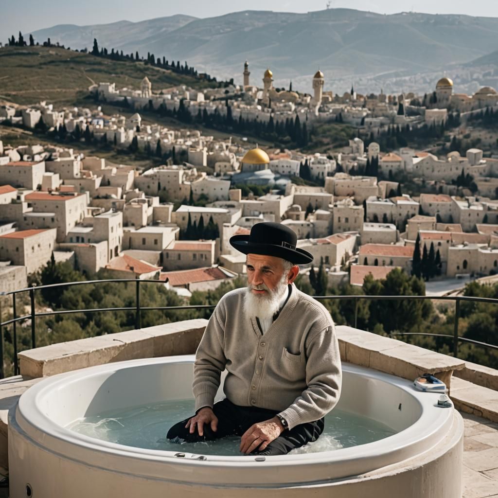 Ultra-Orthodox Grandfather Knitting in Jacuzzi