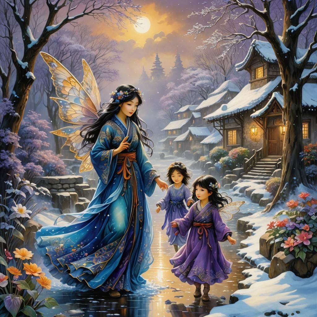 Japanese Fairies in Winter Wonderland, Fantasy Art