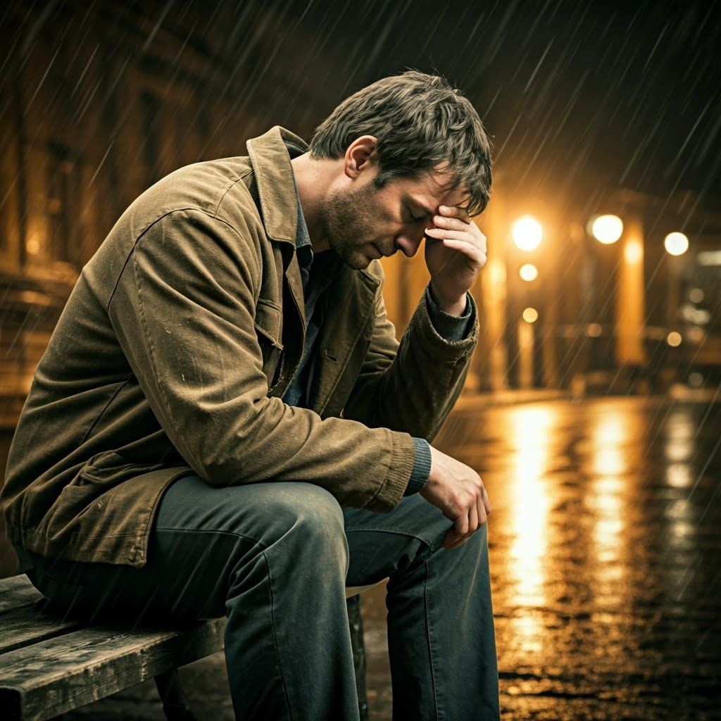 Sorrowful Man Contemplates on Rainy Street: Cinematic Scene